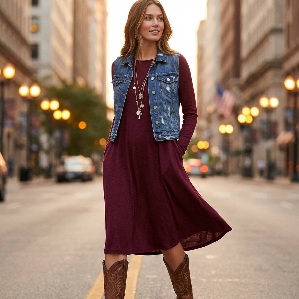 Old Navy | Rich Burgundy Red Long Sleeve Crew Neck Midi Dress Size Medium Tall - Picture 6 of 11